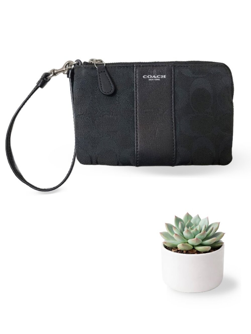 Coach Corner Zip Black Signature Wristlet Pouch Canvas Leather Trim Small Clutch